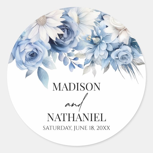 Dusty Blue Floral Flowers Botanical Wedding Classic Round Sticker (Front)