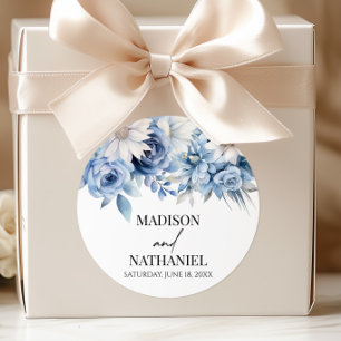 Dusty Blue Floral Flowers Botanical Wedding Classic Round Sticker