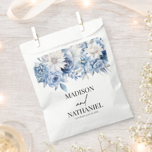 Dusty Blue Floral Flowers Botanical Wedding Favour Bags (Clipped)