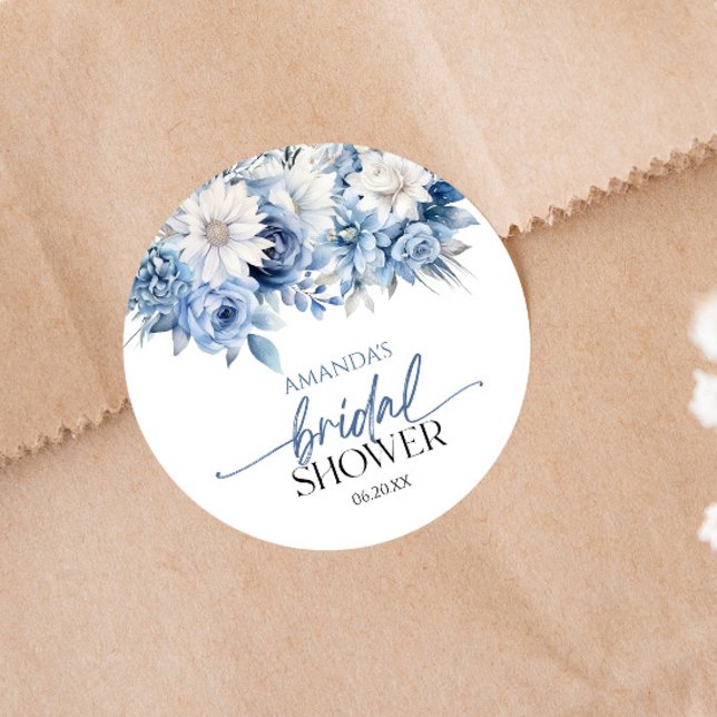 Dusty Blue Floral Flowers Bridal Shower Classic Round Sticker (Creator Uploaded)