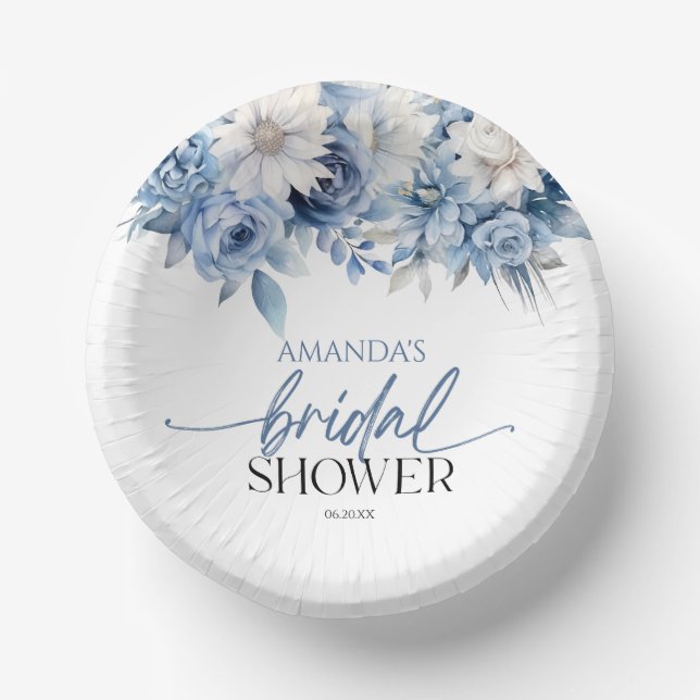 Dusty Blue Floral Flowers Bridal Shower Paper Plate (Front)