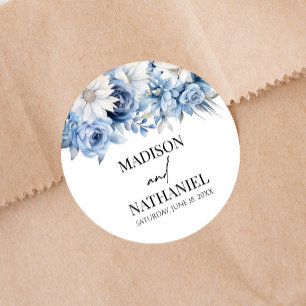 Dusty Blue Floral Flowers Garden Wedding Classic Round Sticker