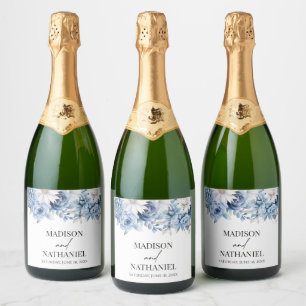 Dusty Blue Floral Flowers Garden Wedding Sparkling Wine Label