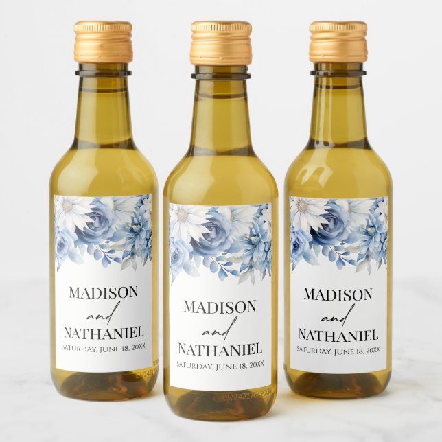 Dusty Blue Floral Flowers Garden Wedding Wine Label (Bottles)
