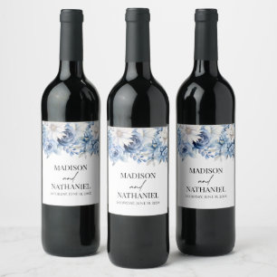 Dusty Blue Floral Flowers Garden Wedding Wine Label