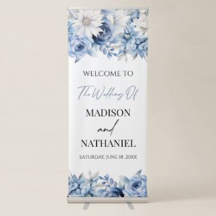 Dusty Blue Floral Flowers Wedding Welcome Retractable Banner