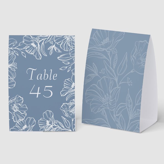 Dusty Blue Floral Folded Wedding Table Number Card (Front/Back)