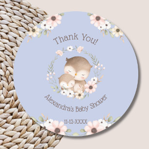 Dusty Blue Floral Forest Owl Baby Shower Thank You Classic Round Sticker