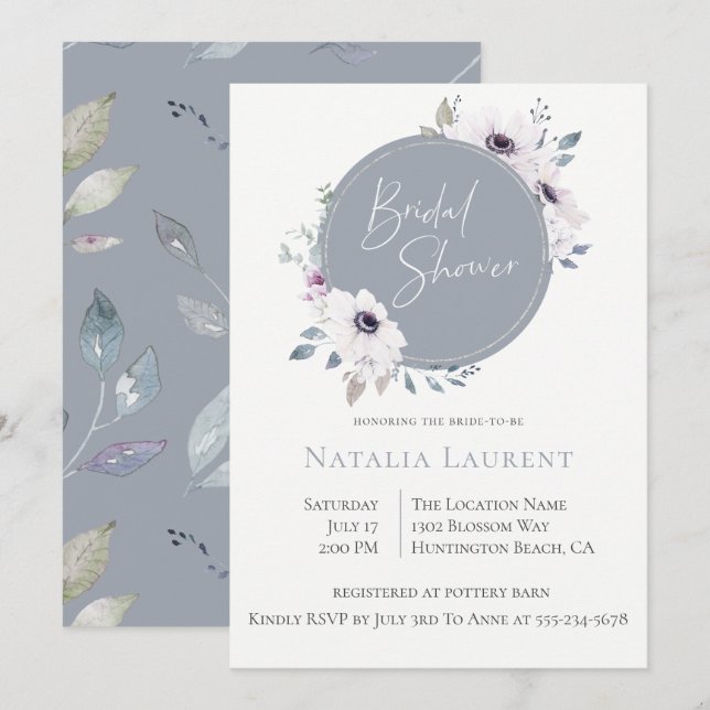 Dusty Blue Floral Frame Bridal Shower Invitation (Front/Back)