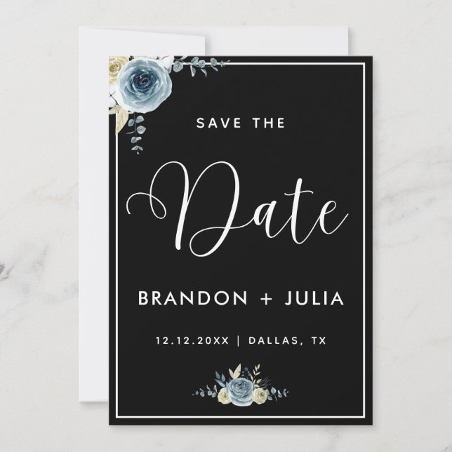 Dusty Blue Floral Frame Modern Elegant Black White Save The Date (Front)