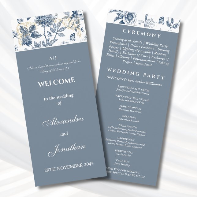 Dusty Blue Floral French Christian Wedding Program Programme (Creator Uploaded)