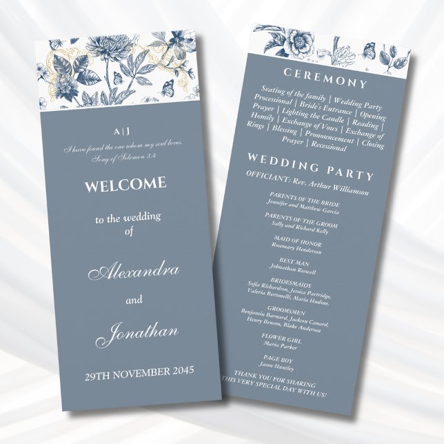 Dusty Blue Floral French Christian Wedding Program Programme (Creator Uploaded)