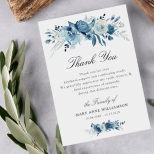 dusty blue floral funeral thank you note