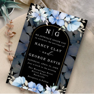 Dusty Blue Floral Garden Monogram Black Wedding Invitation