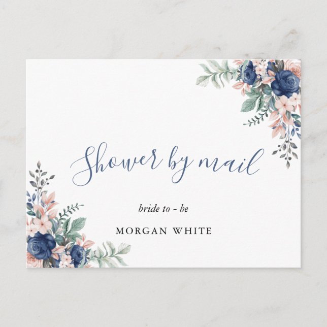 Dusty Blue Floral Geometric Bridal Shower By Mail  Invitation Postcard (Front)