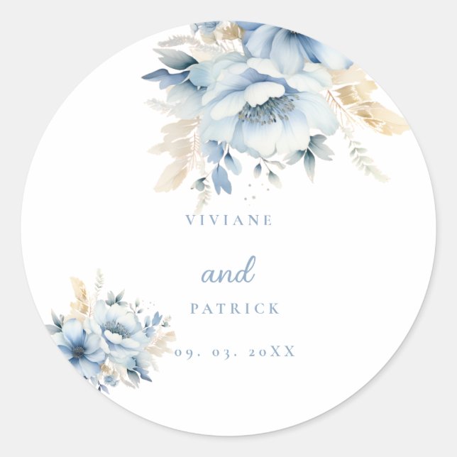 Dusty Blue Floral Geometric Frame Bloom Wedding  Classic Round Sticker (Front)