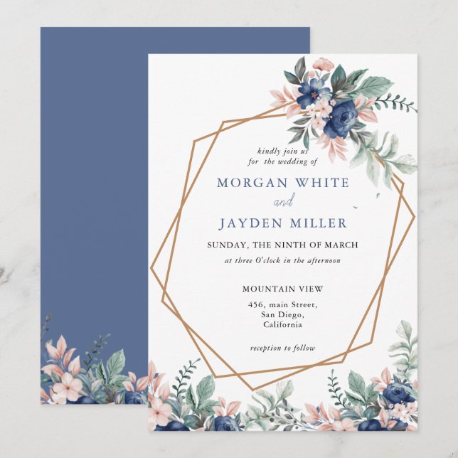 Dusty Blue Floral Geometric Gold Frame Wedding Invitation (Front/Back)
