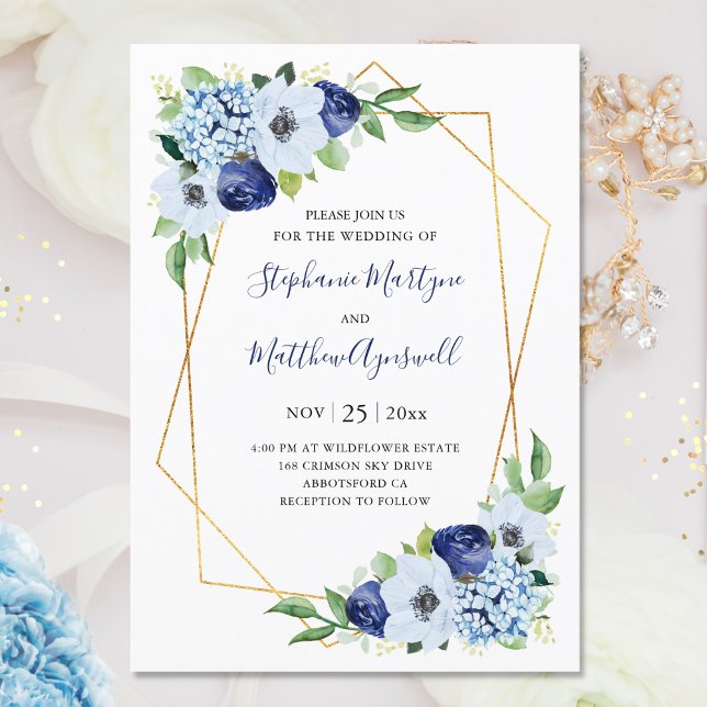 Dusty Blue Floral Geometric Wedding Invitation (Creator Uploaded)