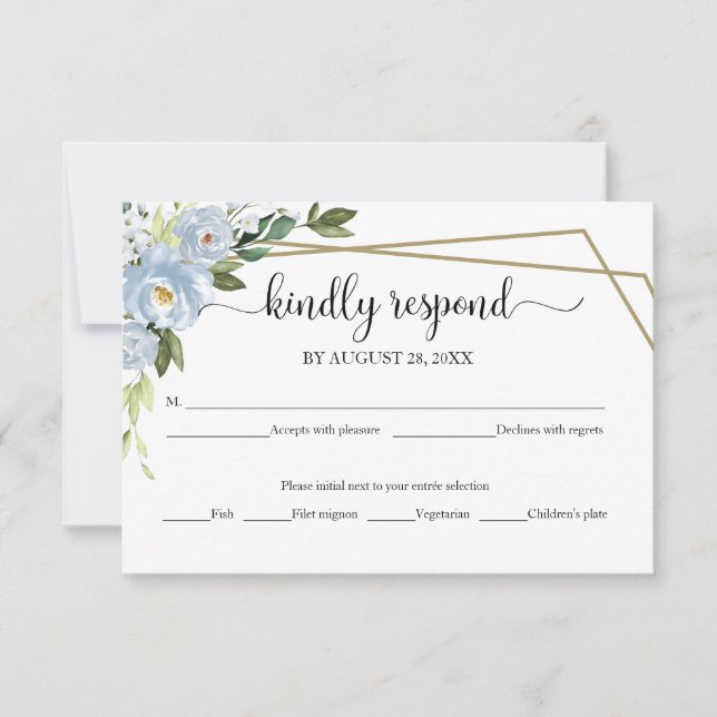 Dusty Blue Floral Geometric Wedding RSVP Card (Front)