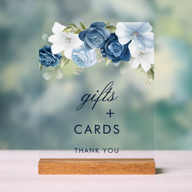 Dusty Blue Floral Gifts and Cards Wedding Acrylic Sign (Neutral)