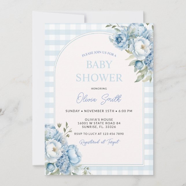 Dusty Blue Floral Gingham Baby Shower  Invitation (Front)