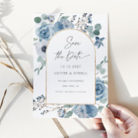 Dusty blue floral gold arch Save the date