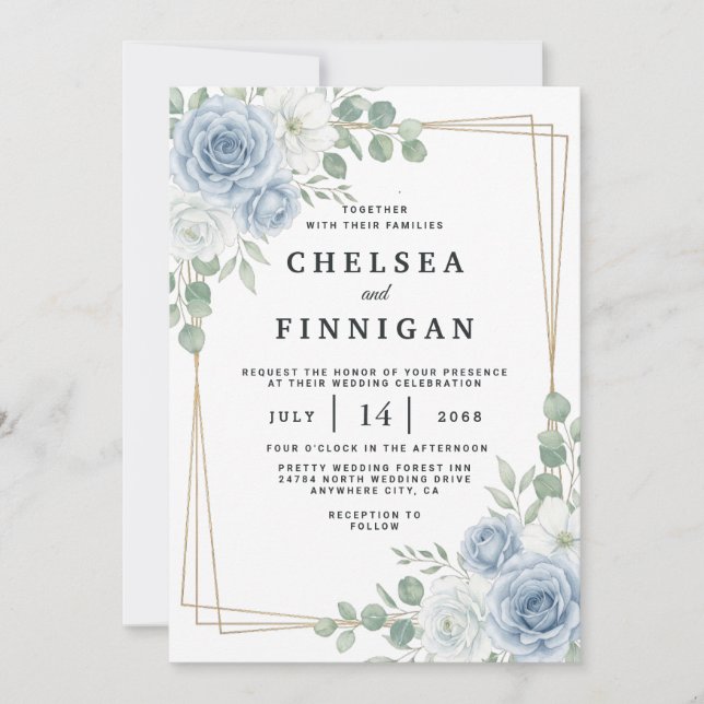 Dusty Blue Floral Gold Frame Wedding Invitation (Front)