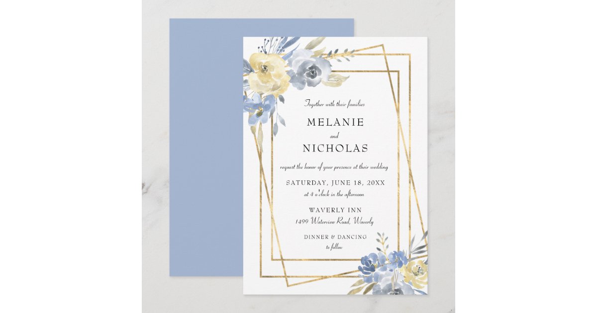 Dusty Blue Floral Gold Frame Wedding Invitation | Zazzle