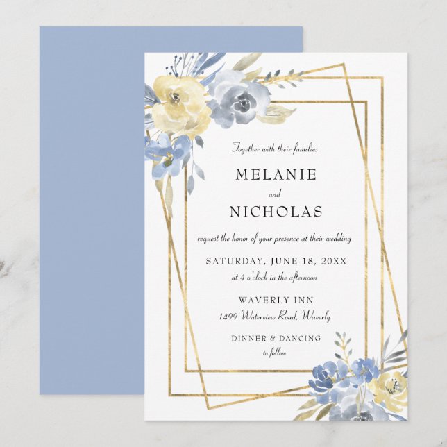 Dusty Blue Floral Gold Frame Wedding Invitation (Front/Back)