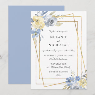 Dusty Blue Floral Gold Frame Wedding Invitation