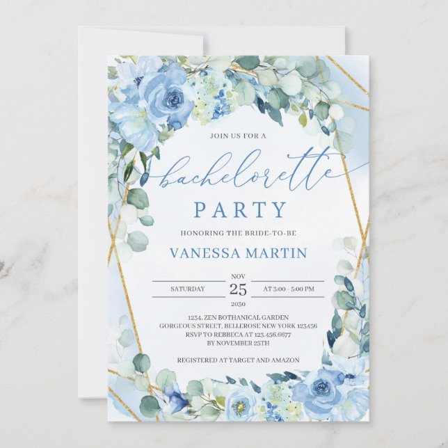 Dusty Blue Floral Gold Geometric Bachelorette Invitation (Front)