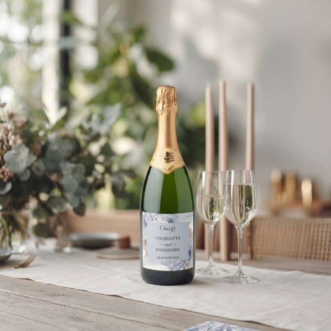 Dusty Blue Floral Gold Geometric Champagne Labels (Creator Uploaded)