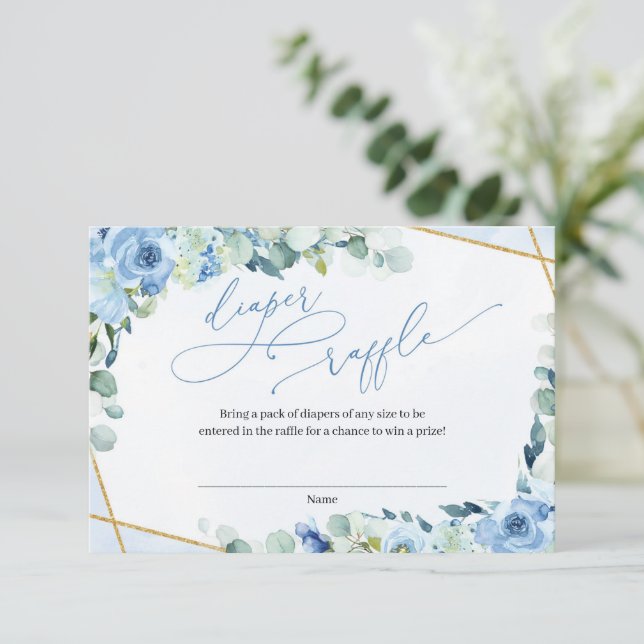 Dusty Blue Floral Gold Geometric Diaper Raffle Enclosure Card (Standing Front)