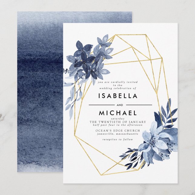 Dusty Blue Floral Gold Geometric Frame Wedding Invitation (Front/Back)