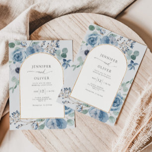 Dusty blue floral gold geometric wedding invitation