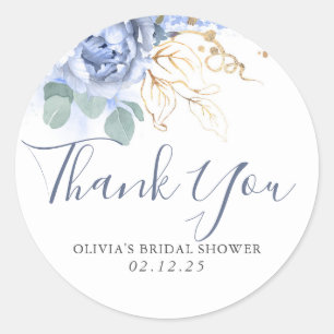 Dusty Blue Floral Gold Greenery Thank You Classic Round Sticker
