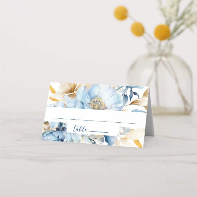 Dusty Blue Floral Gold Place Card (Front)