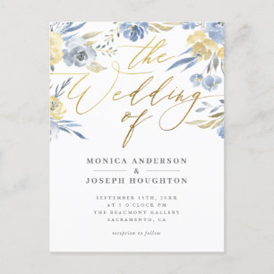 Dusty Blue Floral Gold Script Wedding Invitation Postcard