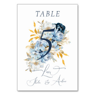Dusty Blue Floral Gold Table Number