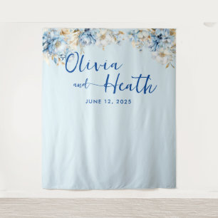 Dusty Blue Floral Gold Tapestry