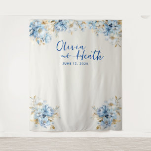 Dusty Blue Floral Gold Tapestry