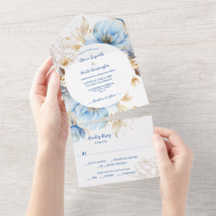 Dusty Blue Floral Gold Wedding All In One Invitation