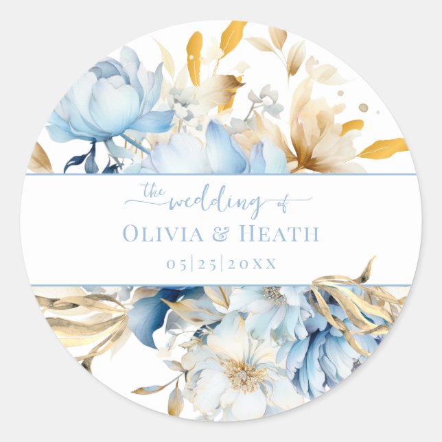 Dusty Blue Floral Gold Wedding Classic Round Sticker (Front)