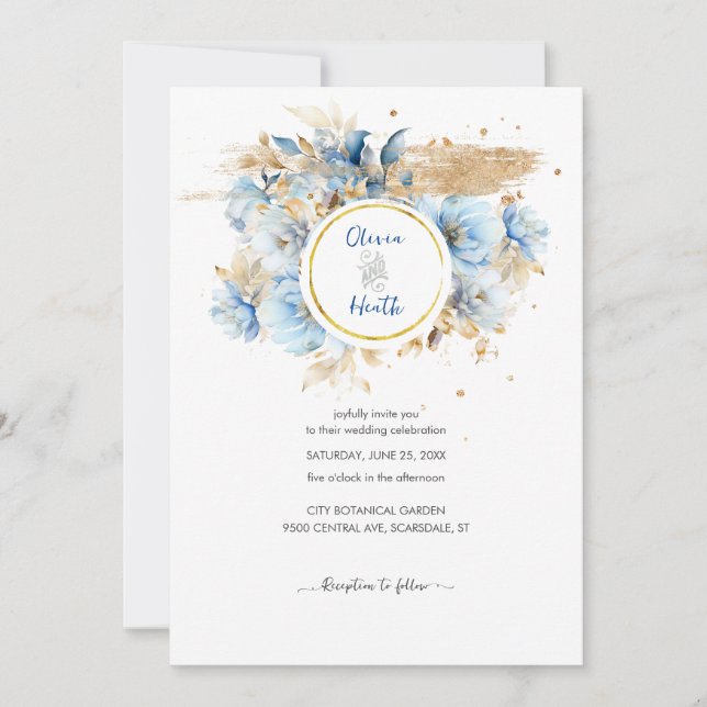 Dusty Blue Floral Gold Wedding Invitation (Front)