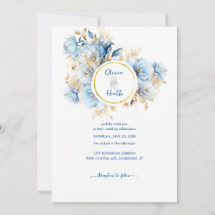 Dusty Blue Floral Gold Wedding Invitation