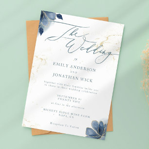 Dusty Blue Floral Gold Wedding Invitation