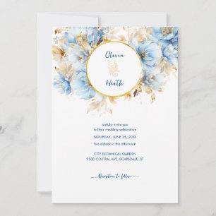 Dusty Blue Floral Gold Wedding Invitation
