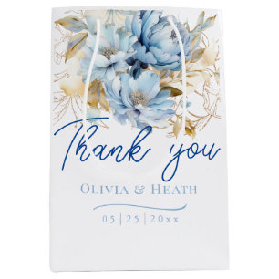 Dusty Blue Floral Gold Wedding Medium Gift Bag