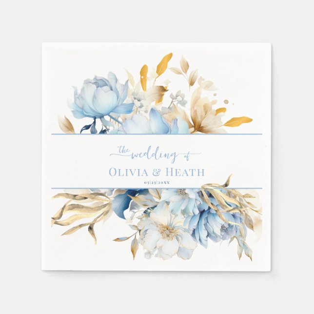 Dusty Blue Floral Gold Wedding Napkin (Front)