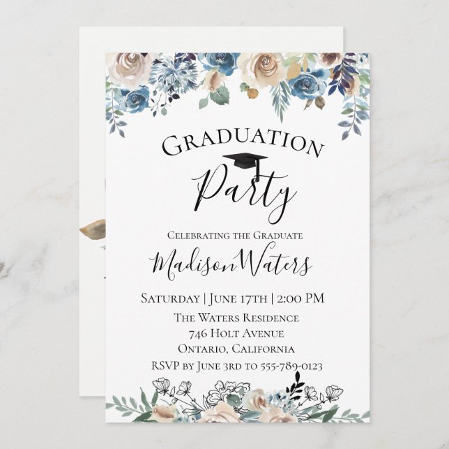 Dusty Blue Floral Graduation Party Invitation (Front/Back)